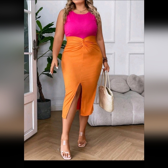 SHEIN Privé Plus Two Tone Twist Front Split Thigh Dress 2XL - Picture 5 of 8